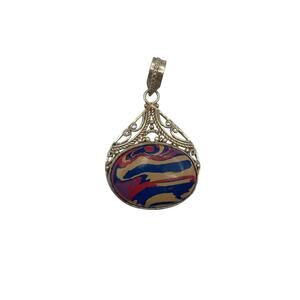 Vintage Style Colorful Swirl Cabochon Pendant Silver Tone Ornate Fashion Jewelry